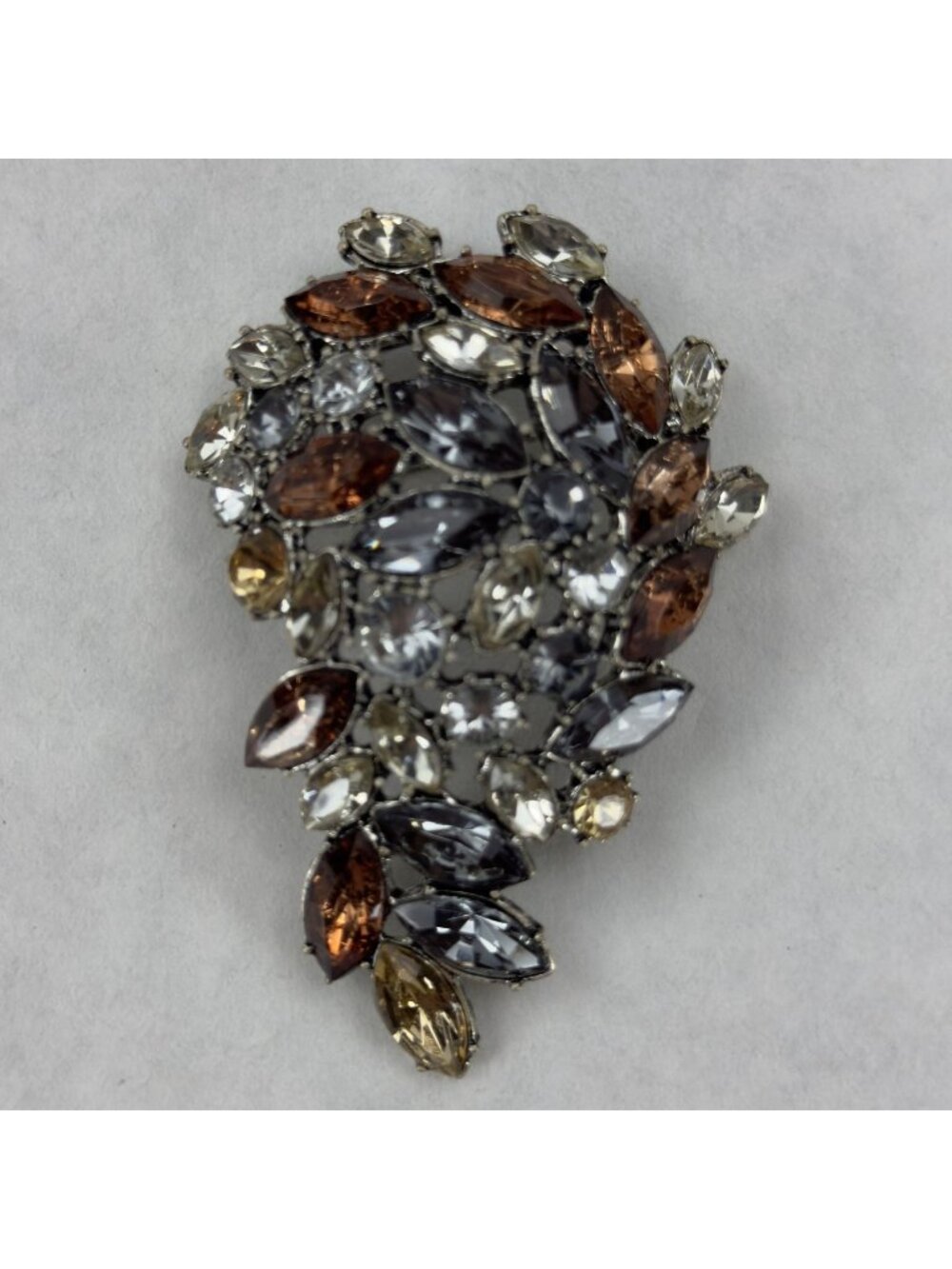 Vintage Large Marquise Rhinestone Leaf-Shaped Brooch Multicolor Crystal Pin